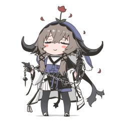 Rule 34 | 1girl, arknights, black gloves, black pantyhose, black skirt, blue dress, blush stickers, brown hair, chibi, closed eyes, coat, commentary request, dress, facing viewer, flail, flower, flower on head, full body, gloves, hair between eyes, holding, holding weapon, horns, long hair, long sleeves, pallas (arknights), pantyhose, petals, raigou, shoes, simple background, skirt, smile, solo, tail, weapon, white background, white coat, white skirt