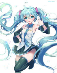 Rule 34 | 1girl, ahoge, aqua eyes, aqua hair, bad id, bad pixiv id, boots, bracelet, detached sleeves, hair between eyes, hand on own hip, hatsune miku, highres, jewelry, long hair, looking at viewer, necktie, open mouth, pleated skirt, skirt, solo, thigh boots, thighhighs, twintails, twitter username, very long hair, vocaloid, white background, whois