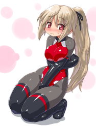 Rule 34 | 10s, 1girl, arnval, bad id, bad pixiv id, bare shoulders, black pantyhose, blonde hair, blush, boots, breasts, busou shinki, dd (ijigendd), doll joints, elbow gloves, gloves, joints, large breasts, leotard, long hair, pantyhose, ponytail, red hair, red leotard, ribbon, sweatdrop, thighhighs, wavy mouth