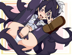 Rule 34 | 1girl, black hair, black thighhighs, blush, breasts, covering privates, eito, extra mouth, filia (skullgirls), futakuchi-onna, glowing, glowing eyes, hip focus, impossible clothes, impossible shirt, lab zero games, large breasts, long hair, lying, midriff, miniskirt, navel, necktie, on back, open mouth, panties, pantyshot, pink eyes, prehensile hair, samson (skullgirls), shirt, simple background, skirt, skullgirls, smile, solo, teeth, thick thighs, thighhighs, thighs, underwear, uneven eyes, upskirt, v, very long hair, wide hips, yellow eyes