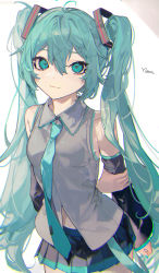 Rule 34 | 1girl, absurdres, aqua eyes, aqua hair, aqua nails, aqua necktie, arms behind back, bare shoulders, black skirt, breasts, collared shirt, commentary, detached sleeves, grey shirt, hair between eyes, hair ornament, hatsune miku, highres, long hair, looking at viewer, nail polish, necktie, pleated skirt, shirt, skirt, small breasts, smile, solo, standing, twintails, u tnmn, very long hair, vocaloid