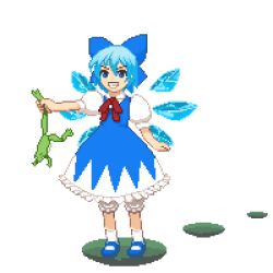 Rule 34 | 1girl, 7c, animated, animated gif, bow, cirno, embodiment of scarlet devil, female focus, frog, full body, jumping, lowres, simple background, smile, socks, solo, touhou, white background, wings
