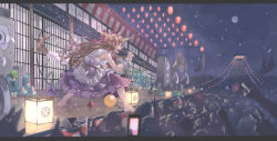Rule 34 | 6+girls, aqua hair, ball and chain (weapon), barefoot, bicycle, blurry, brown hair, cellphone, chain, concert, dark, depth of field, electricity, exhausted, festival, gourd, highres, hill, horn ornament, horn ribbon, horns, ibuki suika, kappa mob (touhou), lantern, lying, masu, moon, multiple girls, music, nagi (xx001122), night, on stomach, open mouth, phone, profile, ribbon, singing, sitting, sky, smartphone, speaker, stage, touhou, twintails, two side up