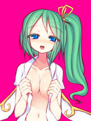 Rule 34 | 1girl, blue eyes, blush, breasts, breasts squeezed together, cleavage, collarbone, daiyousei, dress shirt, fairy wings, green hair, hair ribbon, half-closed eyes, kuresento, large breasts, long hair, naked shirt, navel, no bra, open clothes, open mouth, open shirt, pink background, ribbon, shirt, side ponytail, simple background, smile, solo, touhou, very long hair, wings