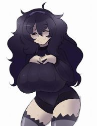 Rule 34 | 1girl, ^ ^, ahoge, breasts, closed eyes, creatures (company), curvy, game freak, hairband, hands on breasts, hands on own chest, head tilt, hex maniac (pokemon), highres, huge breasts, leaning forward, long hair, long sleeves, messy hair, nintendo, npc trainer, pokemon, pokemon xy, purple hair, purple hairband, raikissu, ribbed sweater, simple background, smile, solo, standing, sweat, sweater, thighhighs, turtleneck, wavy hair, wavy mouth, white background