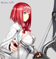 Rule 34 | 10s, 1girl, absurdres, ark royal (kancolle), arrow (projectile), blue eyes, bob cut, bow (weapon), brown gloves, cleavage cutout, clothing cutout, compound bow, fingerless gloves, gloves, grey background, hairband, highres, kantai collection, long sleeves, red hair, red ribbon, ribbon, satou aji, short hair, solo, tiara, twitter username, upper body, weapon