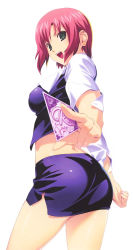 Rule 34 | 1girl, ass, breasts, card, cowboy shot, earrings, green eyes, highres, holding, holding card, jewelry, koutaro, looking at viewer, midriff, official art, open mouth, outstretched arm, pencil skirt, pink hair, rio rollins, short hair, short sleeves, side slit, simple background, skirt, solo, super blackjack, white background