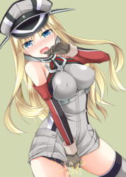 Rule 34 | 10s, 1girl, bismarck (kancolle), blonde hair, blue eyes, blush, breasts, crying, crying with eyes open, detached sleeves, gloves, green background, grey thighhighs, hand to own mouth, hat, kantai collection, long hair, looking at viewer, military, military hat, military uniform, open mouth, peaked cap, pee, peeing, peeing self, personification, sakura hanatsumi, solo, tears, thighhighs, uniform