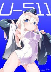 Rule 34 | 1girl, armpits, black hat, black jacket, blonde hair, blue background, blue eyes, character name, commentary request, from below, garrison cap, haniyama kurofo, hat, highres, jacket, kantai collection, kneeling, long hair, looking at viewer, one-piece swimsuit, school swimsuit, simple background, solo, swimsuit, swimsuit under clothes, twitter username, u-511 (kancolle), white one-piece swimsuit, white school swimsuit