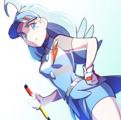 Rule 34 | 1girl, ahoge, blue eyes, blue hat, blue skirt, closed mouth, commentary request, creatures (company), elite four, eyelashes, game freak, gloves, golf club, green hair, hand on own hip, hat, highres, holding, holding golf club, kahili (pokemon), long hair, looking at viewer, mole, mole under eye, momoji (lobolobo2010), nintendo, pokemon, pokemon sm, shirt, short sleeves, skirt, solo, striped clothes, striped shirt, visor cap, white gloves
