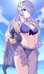 Rule 34 | 1girl, bikini, blue sky, breasts, camilla (fire emblem), camilla (summer) (fire emblem), cleavage, fire emblem, fire emblem fates, fire emblem heroes, flower, hair flower, hair ornament, hair over one eye, large breasts, long hair, looking at viewer, navel, nintendo, official alternate costume, ondur, parted lips, purple bikini, purple eyes, purple hair, purple nails, purple sarong, sarong, see-through sarong, sky, swimsuit, very long hair