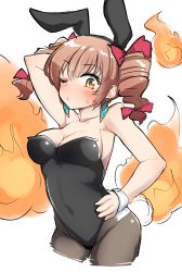 Rule 34 | 1girl, ;/, animal ears, bare shoulders, bow, breasts, cleavage, drill hair, earrings, fake animal ears, fire, hand on own hip, highres, jewelry, large breasts, leotard, one eye closed, pantyhose, pechimaru, playboy bunny, rabbit ears, solo, strapless, tail, touhou, twin drills, yorigami jo&#039;on