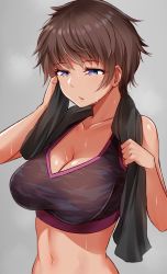 Rule 34 | 1girl, blue eyes, breasts, bright pupils, brown hair, cleavage, collarbone, grey background, hair between eyes, large breasts, moruta (sunu-pio), navel, original, parted lips, short hair, simple background, solo, sweat, towel, towel around neck, upper body, white pupils