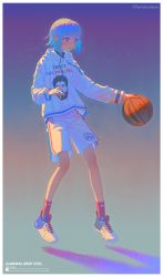 Rule 34 | 1other, absurdres, ball, basketball, basketball (object), blue eyes, blue hair, casual, character request, commentary, english commentary, english text, full body, highres, hood, hoodie, kenharu, looking down, night, night sky, open mouth, red socks, shadow, shoes, short hair, sidelocks, sky, sneakers, socks, sportswear, standing, star (sky), sweater, twitter username, under armour, white footwear, white hoodie, white sweater