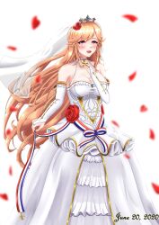 Rule 34 | 1girl, absurdres, azur lane, blonde hair, blush, breasts, bridal gauntlets, bridal veil, cross, crying, dated, dress, fleur-de-lis, flower, french flag, gloves, happy tears, highres, large breasts, long hair, musanix, open mouth, petals, red eyes, richelieu (azur lane), rose, smile, solo, tears, vehicle and personification, veil, wedding, wedding dress, white background