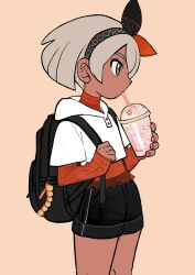 Rule 34 | 1girl, alcremie, alternate costume, backpack, bag, bag charm, bea (pokemon), black bag, black shorts, blonde hair, bow hairband, buttons, character charm, character doll, charm (object), commentary, creatures (company), cropped jacket, cup, dark-skinned female, dark skin, drinking, elizabeth (tomas21), eyelashes, falinks, from side, game freak, gen 8 pokemon, grey eyes, hairband, highres, holding, holding cup, holding strap, jacket, long sleeves, nail polish, nintendo, orange nails, orange shirt, pokemon, pokemon swsh, shirt, short hair, shorts, simple background, sleeves past fingers, sleeves past wrists, solo, white jacket, yellow background