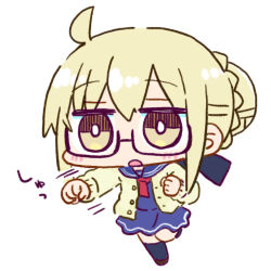 Rule 34 | 1girl, :o, ahoge, artoria pendragon (fate), black socks, blonde hair, blue sailor collar, blue serafuku, blue shirt, blue skirt, blush, braid, braided bun, brown eyes, brown footwear, cardigan, chibi, clenched hands, commentary request, fate/grand order, fate (series), full body, hair between eyes, hair bun, kasuga yuuki, kneehighs, long sleeves, lowres, mysterious heroine x alter (fate), open cardigan, open clothes, open mouth, pleated skirt, puffy long sleeves, puffy sleeves, punching, sailor collar, school uniform, serafuku, shirt, shoes, simple background, skirt, socks, solo, standing, standing on one leg, white background, yellow cardigan