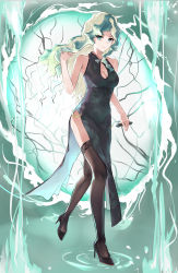 Rule 34 | 1girl, absurdres, alternate costume, aqua eyes, bare shoulders, black dress, black legwear, blonde hair, breasts, cleavage, cleavage cutout, closed mouth, clothing cutout, covered navel, diana cavendish, dress, energy, full body, gradient hair, green hair, halter dress, halterneck, hand in own hair, high heels, highres, jiangyu zhangyu, light smile, little witch academia, long hair, looking at viewer, magic, magic circle, medium breasts, multicolored hair, side slit, sleeveless, solo, streaked hair, thighs, tube, two-tone hair, walking, walking on liquid, wavy hair