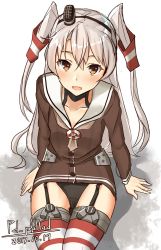 Rule 34 | 1girl, amatsukaze (kancolle), arm support, artist name, bad id, bad pixiv id, black panties, brown dress, brown eyes, choker, cowboy shot, dated, dress, fang, garter straps, gloves, hair tubes, hat, kantai collection, long hair, looking at viewer, mini hat, pallad, panties, red thighhighs, sailor collar, sailor dress, short dress, silver hair, single glove, sitting, solo, striped clothes, striped thighhighs, thighhighs, two side up, underwear, white gloves