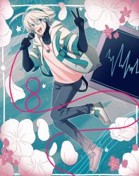 Rule 34 | 1boy, :d, alternate costume, blue eyes, cable, cheer (cheerpuppy14), commentary, danganronpa (series), danganronpa v3: killing harmony, english commentary, flower, full body, green jacket, grey footwear, grey pants, hands up, headphones, highres, holding, holding microphone, jacket, jewelry, k1-b0, male focus, microphone, necklace, open mouth, pants, petals, shirt, shoes, smile, solo, teeth, upper teeth only, v, white flower, white jacket, white shirt