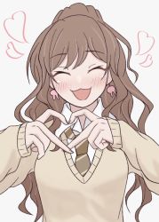 Rule 34 | 1girl, bang dream!, blush, brown hair, brown necktie, collared shirt, earrings, closed eyes, female focus, grey background, heart, heart hands, highres, imai lisa, jewelry, long hair, necktie, portrait, shirt, smile, sodai (kirehnagomi), solo, sweater, white shirt, yellow sweater