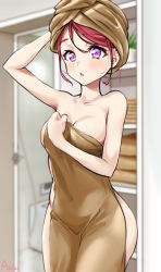 Rule 34 | 1girl, akiki (kiki), artist name, bathtub, blurry, blurry background, breasts, brown towel, cleavage, commentary, covered navel, covering privates, cowboy shot, depth of field, hand on own head, highres, holding, holding towel, indoors, light blush, looking at viewer, love live!, love live! school idol project, medium breasts, nishikino maki, nude cover, parted lips, purple eyes, red hair, solo, standing, swept bangs, towel, towel on head