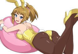 Rule 34 | 1girl, :d, animal ears, ass, blue eyes, breasts, brown hair, brown pantyhose, commentary request, detached collar, fake animal ears, fake tail, from behind, gundam, gundam build fighters, gundam build fighters try, haruhisky, high heels, hoshino fumina, large breasts, legs up, leotard, looking at viewer, looking back, lying, on stomach, open mouth, pantyhose, ponytail, rabbit ears, rabbit tail, sidelocks, simple background, smile, solo, tail, the pose, white background, wrist cuffs, yellow footwear, yellow leotard
