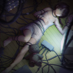 Rule 34 | 1girl, asymmetrical hair, barefoot, brown eyes, brown hair, cable, chemise, chromatic aberration, commentary, crt, flat chest, full body, glitch, hair ornament, highres, indoors, iwakura lain, knee up, looking at viewer, lying, monitor, noruka-soruka, on back, on floor, parted bangs, parted lips, scanlines, screen light, serial experiments lain, short hair, single sidelock, sleeveless, solo, spaghetti strap, strap slip, stuffed animal, stuffed toy, teddy bear, white chemise, wooden floor, x hair ornament