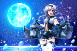 Rule 34 | 10s, 1girl, black gloves, blue eyes, blue moon, blue theme, blush, braid, breasts, chou-10cm-hou-chan (teruzuki&#039;s), clothes writing, commentary request, corset, cowboy shot, floating hair, full moon, g (genesis1556), gloves, hair ornament, hairband, highres, kantai collection, light brown hair, long hair, looking at viewer, machinery, miniskirt, moon, multicolored clothes, multicolored gloves, neckerchief, night, night sky, open hand, open mouth, outstretched arm, outstretched hand, propeller hair ornament, reaching, school uniform, serafuku, short sleeves, skirt, sky, smile, sparkle, teruzuki (kancolle), thighhighs, torpedo, twin braids, water, white gloves, white thighhighs