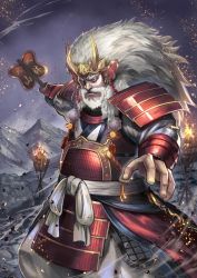 Rule 34 | absurdres, armor, beard, brazier, dou, facial hair, fire, hidezi, highres, holding, holding weapon, huge filesize, japanese armor, long hair, looking at viewer, male focus, motion blur, mountain, outdoors, solo, standing, takeda shingen, weapon, white hair