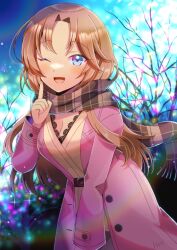 Rule 34 | 1girl, ;d, bare tree, blue eyes, blue sky, breasts, brown hair, brown scarf, cleavage, coat, commentary request, commission, fringe trim, hand up, idolmaster, idolmaster cinderella girls, index finger raised, kou hiyoyo, lace trim, long hair, long sleeves, looking at viewer, matsumoto sarina, medium breasts, night, night sky, one eye closed, open mouth, outdoors, parted bangs, pink coat, plaid, plaid scarf, scarf, skeb commission, sky, smile, solo, tree, very long hair