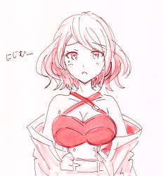 Rule 34 | 1girl, blush, breasts, cleavage, large breasts, looking at viewer, marker (medium), open mouth, pink eyes, pink hair, potekite, shichisei no subaru, short hair, simple background, sketch, solo, traditional media, upper body, usui satsuki, white background