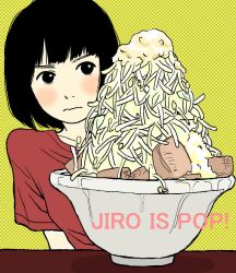 Rule 34 | 1girl, black eyes, black hair, blunt bangs, blush, bowl, checkered background, dripping, english text, female focus, food, highres, hosoo, jirou (ramen), meat, no pupils, noodles, original, ramen, red shirt, shadow, shirt, short hair, simple background, solo, text focus, wavy mouth, yellow background
