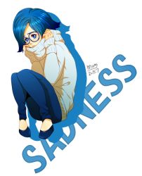 Rule 34 | 1girl, bad id, bad pixiv id, blue eyes, blue hair, character name, glasses, inside out, matching hair/eyes, mum (pixiv1182764), personification, pixar, sadness (inside out), short hair, solo, sweater