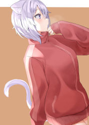 Rule 34 | 1girl, absurdres, animal ear fluff, animal ears, bad id, bad pixiv id, blush, breath, brown background, cat ears, cat tail, commentary, from side, highres, hololive, jacket, nametarou (meron), nekomata okayu, parted lips, profile, purple eyes, purple hair, red jacket, sleeves past wrists, solo, sweat, symbol-only commentary, tail, track jacket, virtual youtuber, zipper
