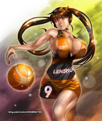 Rule 34 | 1girl, ball, basketball, basketball (object), breasts, brown hair, cleavage, clothes writing, fishnets, ge xi, hair ribbon, huge breasts, leotard, long hair, muscular, original, red eyes, ribbon, shorts, solo, twintails, watermark, web address, yellow eyes