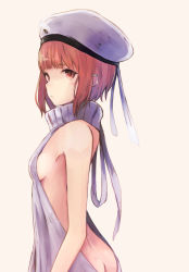 Rule 34 | 10s, 1girl, ass, backless dress, backless outfit, bad id, bad pixiv id, bare back, blunt bangs, breasts, brown hair, butt crack, closed mouth, dress, from side, halterneck, hat, highres, kantai collection, koretsuki aduma, meme attire, naked sweater, red eyes, ribbed sweater, short hair, sideboob, sleeveless, sleeveless turtleneck, small breasts, solo, standing, sweater, sweater dress, turtleneck, turtleneck sweater, virgin killer sweater, white hat, z3 max schultz (kancolle)