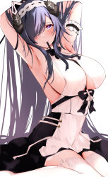 Rule 34 | 1girl, armpits, arms behind head, arms up, august von parseval (azur lane), august von parseval (the conquered unhulde) (azur lane), azur lane, bare shoulders, blush, breasts, grey hair, highres, itete, large breasts, long hair, looking at viewer, official alternate costume, purple eyes, sideboob, solo