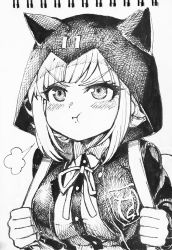 Rule 34 | 1girl, animal ears, animal hood, backpack, bag, blunt bangs, blush, breasts, cat ears, cat hood, clenched hands, closed mouth, collared shirt, commentary request, danganronpa (series), danganronpa 2: goodbye despair, dress shirt, gloves, greyscale, highres, holding, holding strap, hood, hood up, hooded jacket, hoodie, jacket, large breasts, long sleeves, looking at viewer, monochrome, nanami chiaki, neck ribbon, paw pose, pout, ribbon, shirt, short hair, simple background, solo, traditional media, tsunemi aosa, two-tone shirt, upper body, v-shaped eyebrows