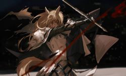 Rule 34 | 1girl, animal ear fluff, animal ears, arknights, armor, blemishine (arknights), blood, blood on face, cape, commentary request, dynamic pose, facing viewer, fur-trimmed armor, fur trim, holding, holding sword, holding weapon, horse ears, horse girl, horse tail, kingdom of kazimierz logo, looking at viewer, nosebleed, one eye closed, plate armor, simpleattack, sword, tail, weapon