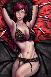 Rule 34 | 1girl, arms behind head, bed, black bra, bra, breasts, cleavage, closed eyes, female focus, garter belt, groin, highres, justin j guillen, katarina (league of legends), large breasts, league of legends, light smile, lingerie, lips, lying, navel, on back, pillow, red hair, scar, shuriken, signature, smile, solo, underwear, weapon, wide hips