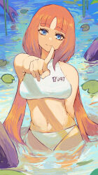 Rule 34 | 1girl, bare shoulders, bikini, blue eyes, blunt bangs, breasts, closed mouth, commentary, english commentary, genshin impact, highres, long hair, looking at viewer, low twintails, medium breasts, navel, nilou (genshin impact), outdoors, partially submerged, pointing, pointing at viewer, print bikini, red hair, smile, solo, stomach, swimsuit, twintails, very long hair, white bikini, yellow glasses (odivichno)