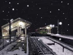 Rule 34 | koromoya, lights, night, no humans, scenery, snow, train, train station