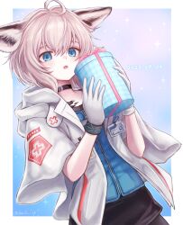 Rule 34 | 1girl, 3 (sanyako1), :o, absurdres, ahoge, animal ears, arknights, black choker, black pantyhose, black skirt, blue background, blue eyes, blue shirt, border, bracelet, choker, dated, fox ears, fox girl, gift, gloves, hair between eyes, highres, holding, holding gift, id card, infection monitor (arknights), jacket, jewelry, light brown hair, looking at viewer, material growth, open clothes, open jacket, oripathy lesion (arknights), outside border, pantyhose, shirt, short hair, simple background, skirt, sparkle background, sussurro (arknights), upper body, white border, white gloves, white jacket, zipper
