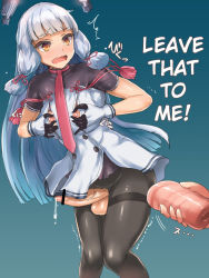 Rule 34 | 10s, 1futa, artificial vagina, black pantyhose, blue background, blue eyes, blue hair, breasts, censored, floating, floating object, futanari, gloves, hard-translated, headgear, hime cut, kantai collection, large breasts, long hair, murakumo (kancolle), necktie, nipples, nursing sweater, orange eyes, pantyhose, penis, pinching, precum, sex toy, simple background, solo focus, sweater, testicles, third-party edit, translated, trembling, ubanis, wavy mouth, white gloves