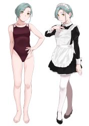 Rule 34 | 1girl, absurdres, alternate costume, apron, barefoot, black dress, breasts, brown one-piece swimsuit, crossed legs, dress, enmaided, forehead, full body, grey hair, hand on own hip, hand on own chest, highres, kantai collection, maid, maid headdress, medium breasts, mole, mole on neck, multiple views, ojipon, one-piece swimsuit, pantyhose, short hair, simple background, standing, swept bangs, swimsuit, tamanami (kancolle), white apron, white background, white pantyhose, yellow eyes