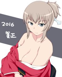 Rule 34 | 1girl, 2016, alternate hairstyle, bare shoulders, blue eyes, breasts, cleavage, closed mouth, girls und panzer, hair ornament, hair up, itsumi erika, japanese clothes, kimono, long sleeves, looking at viewer, medium breasts, new year, obi, off shoulder, red kimono, sash, short hair, short ponytail, silver hair, smile, solo, tanaka rikimaru
