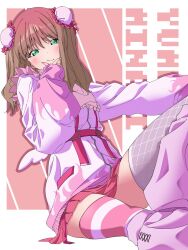 Rule 34 | 1girl, green eyes, gridman universe, hair ornament, isme, minami yume, sitting, sleeves past wrists, striped clothes, striped thighhighs, thighhighs