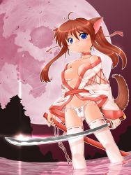 Rule 34 | 1girl, animal ears, bare shoulders, blue eyes, breasts, brown hair, full moon, fundoshi, hase yu, japanese clothes, katana, moon, red moon, ribbon, scabbard, sheath, solo, sword, tail, thighhighs, wading, water, weapon, white thighhighs