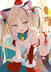 Rule 34 | 1girl, animal collar, animal ears, animal hands, aqua bow, aqua bowtie, bell, bent over, bikini, black hair, blonde hair, blush, bow, bowtie, breasts, cat cutout, christmas, cleavage, clothing cutout, collar, collarbone, criss-cross halter, d:, elbow gloves, fang, folded twintails, gloves, gotyou, hair ornament, halterneck, hat, holly hair ornament, long hair, looking at viewer, medium breasts, multicolored hair, neck bell, o-ring, o-ring top, open mouth, original, paw gloves, red bikini, red collar, red gloves, red hat, red thighhighs, ribbon, santa hat, side-tie bikini bottom, single elbow glove, skin fang, slit pupils, solo, streaked hair, striped bow, striped bowtie, striped clothes, swimsuit, tail, tail bow, tail ornament, tail ribbon, thigh cutout, thighhighs, tiger ears, tiger girl, tiger tail, twintails, very long hair, white bikini, white hair, yellow bow, yellow eyes, yellow ribbon